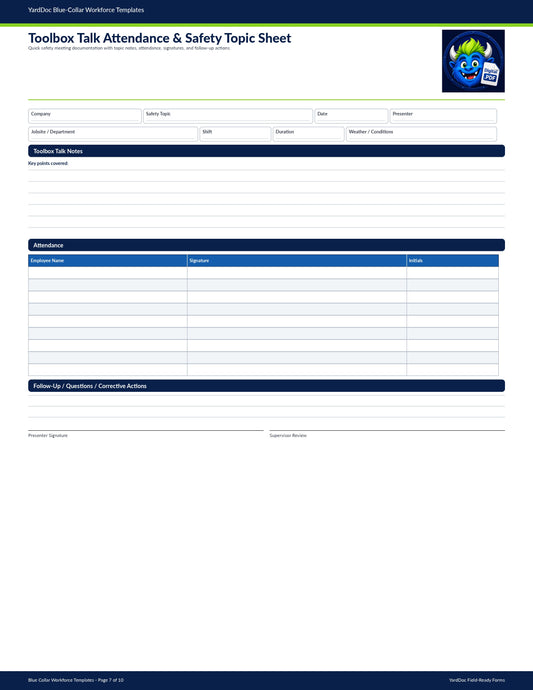 Toolbox Talk Attendance & Safety Topic Sheet - YardDoc