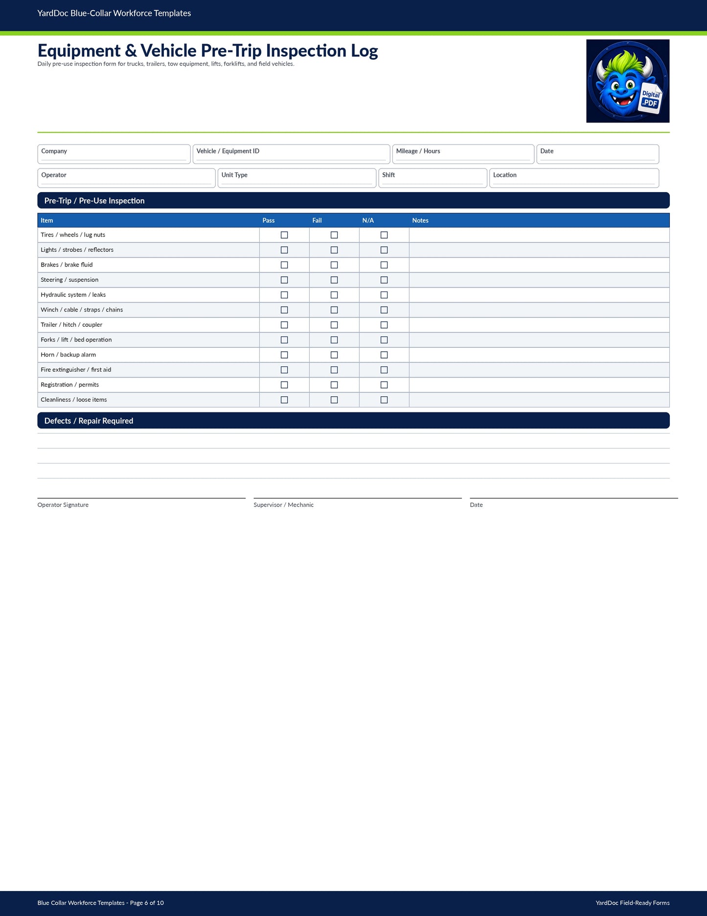 Equipment & Vehicle Pre-Trip Inspection Log - YardDoc