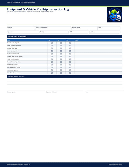 Equipment & Vehicle Pre-Trip Inspection Log - YardDoc