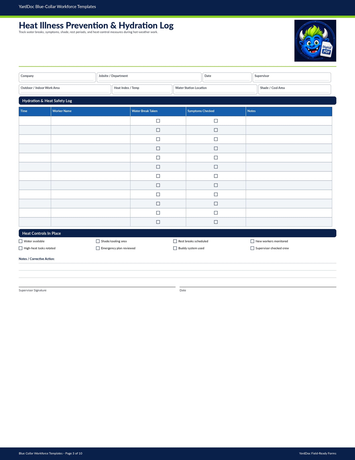 Heat Illness Prevention & Hydration Log - YardDoc