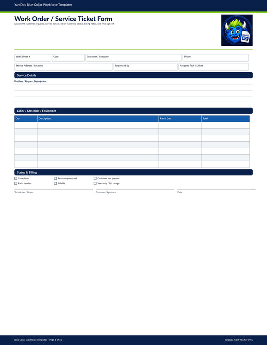 Work Order / Service Ticket Form - YardDoc