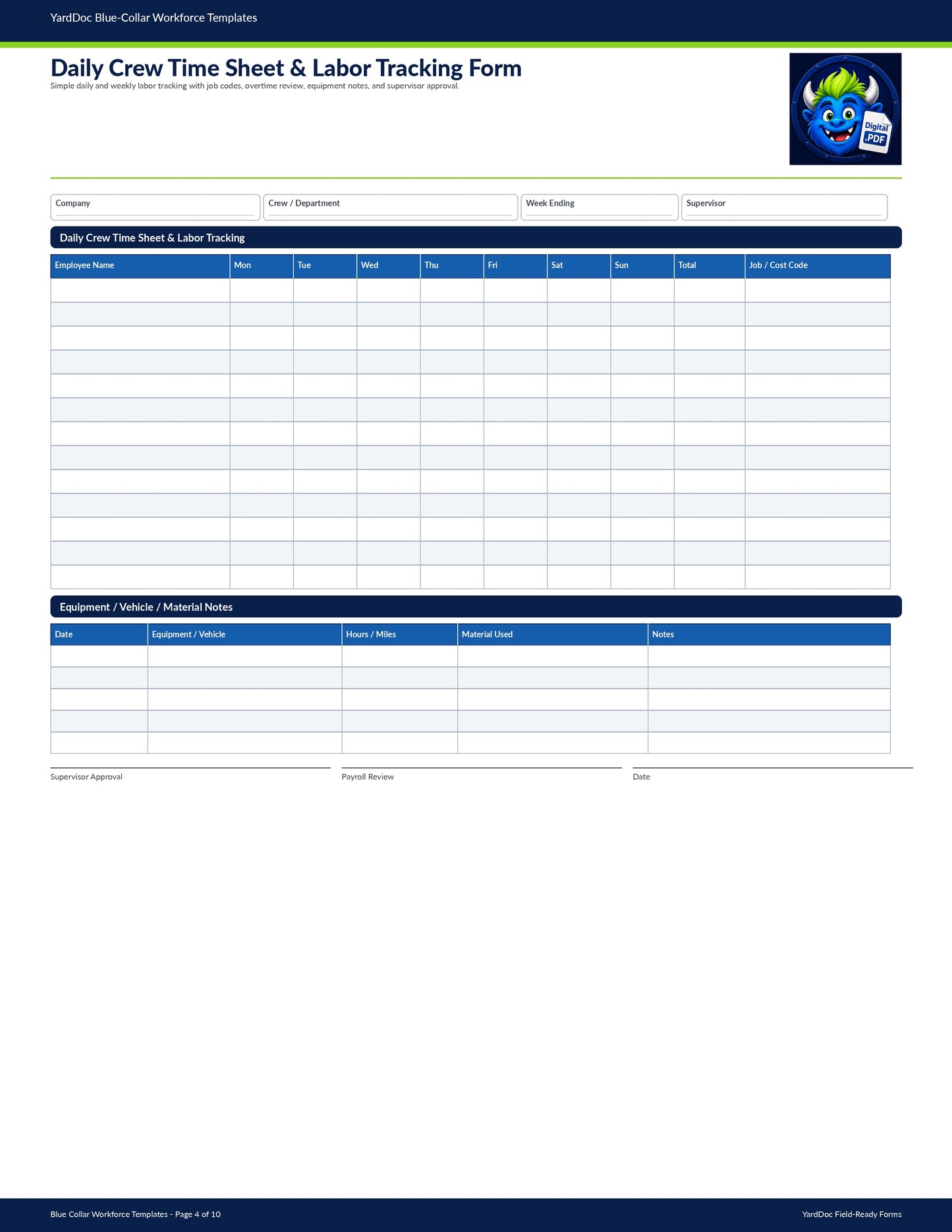 Daily Crew Timesheet & Labor Tracking Form - YardDoc