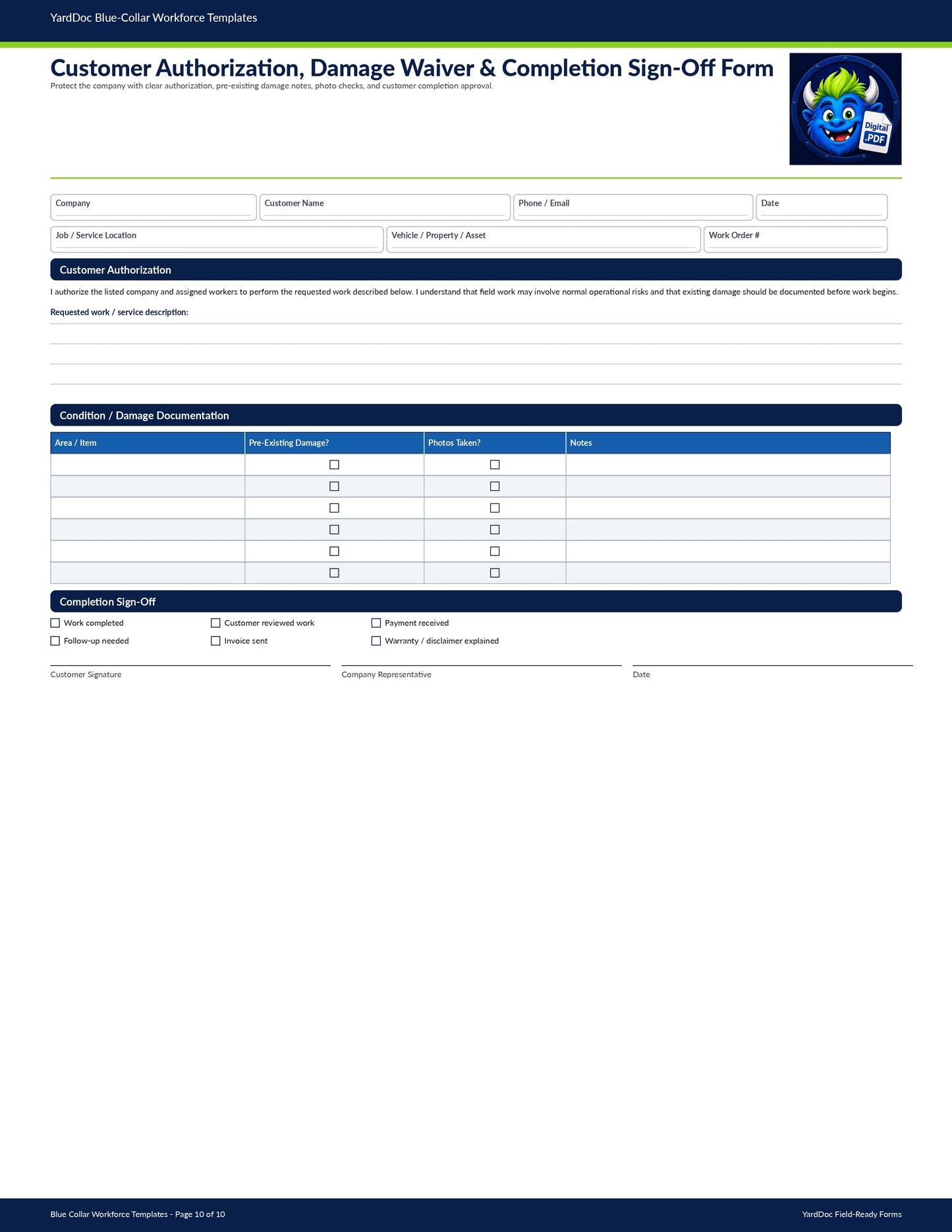 Customer Authorization, Damage Waiver & Completion Sign-off Form - YardDoc
