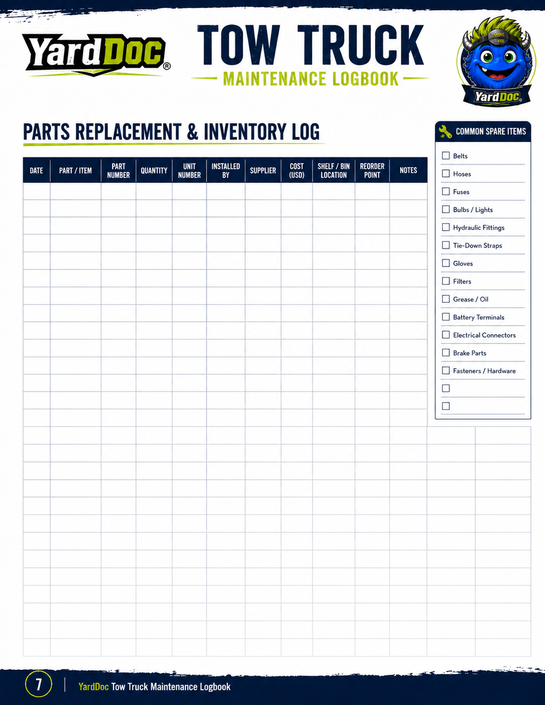 Tow Truck Maintenance Log - YardDoc