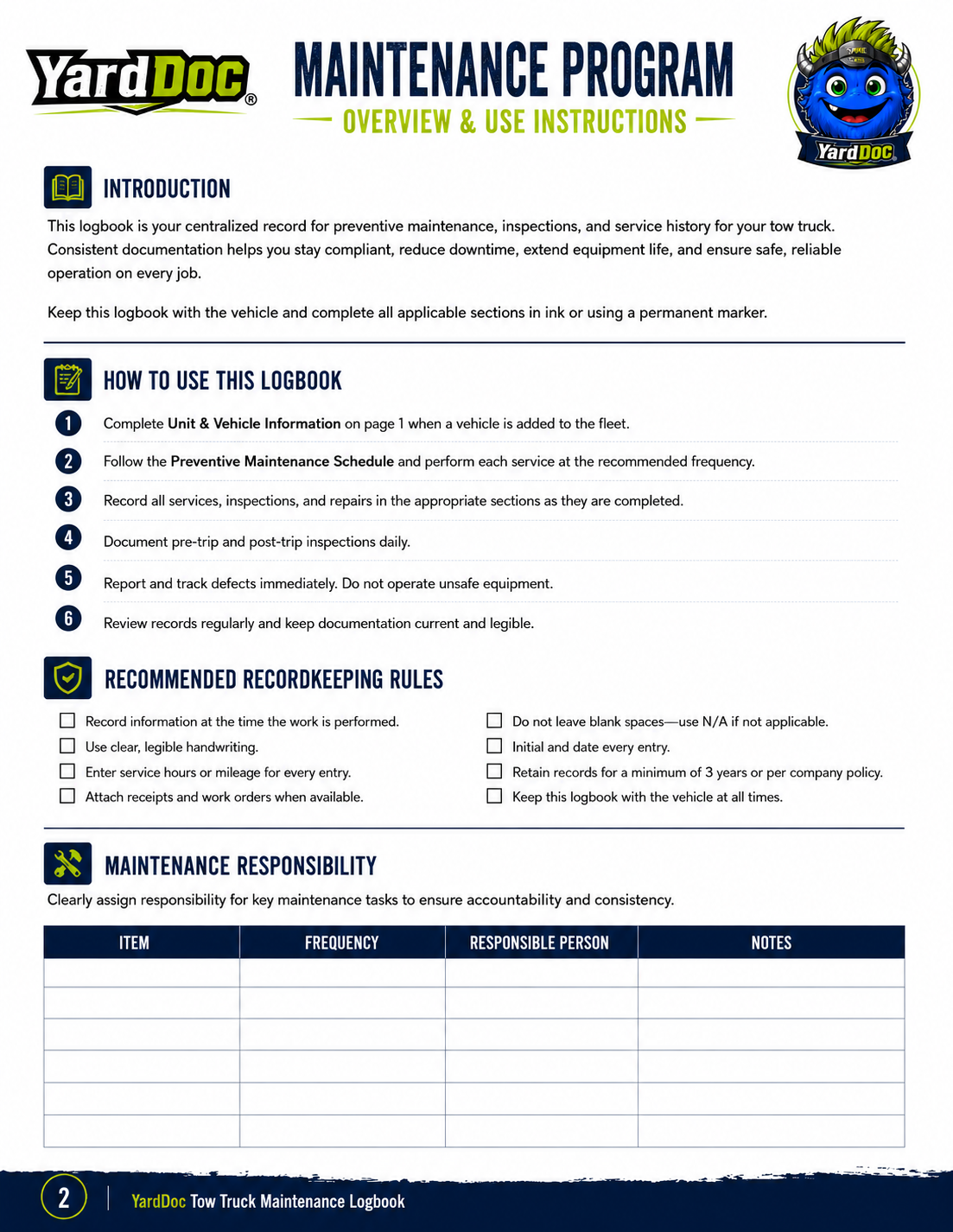 Tow Truck Maintenance Log - YardDoc