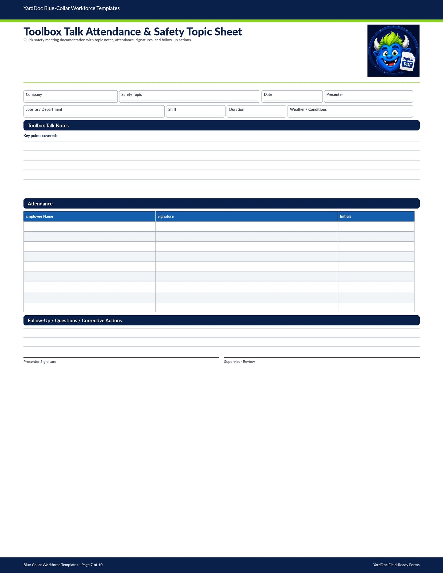 Toolbox Talk Attendance & Safety Topic Sheet - YardDoc