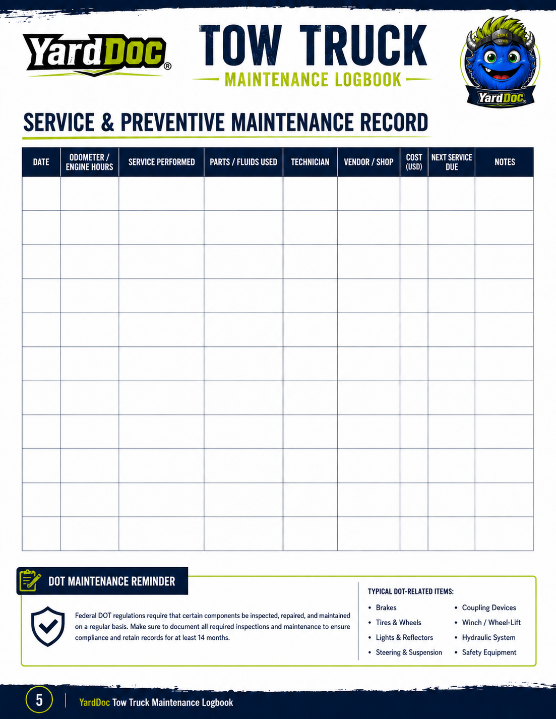 Tow Truck Maintenance Log - YardDoc