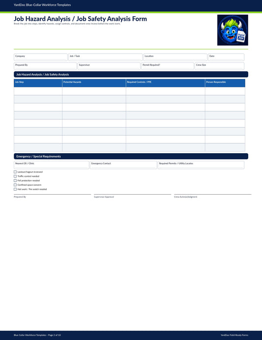 Job Hazard Analysis / Job Safety Analysis Form (JHA / JSA) - YardDoc