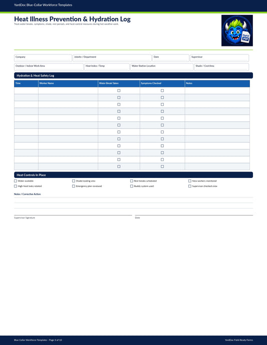 Heat Illness Prevention & Hydration Log - YardDoc