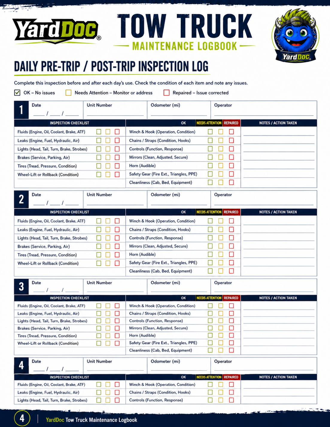 Tow Truck Maintenance Log - YardDoc