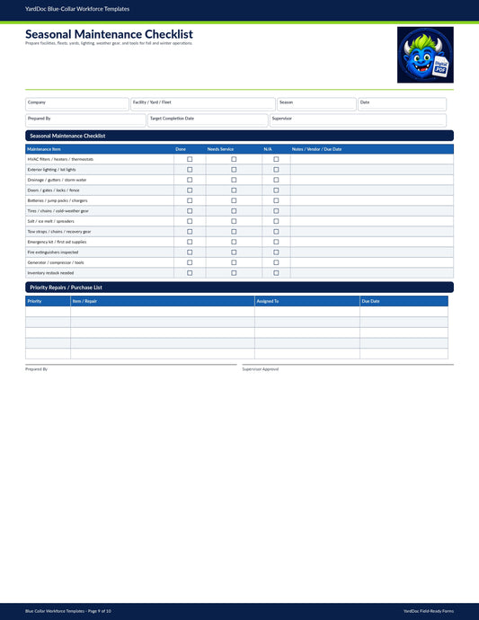 Seasonal Maintenance Checklist - YardDoc