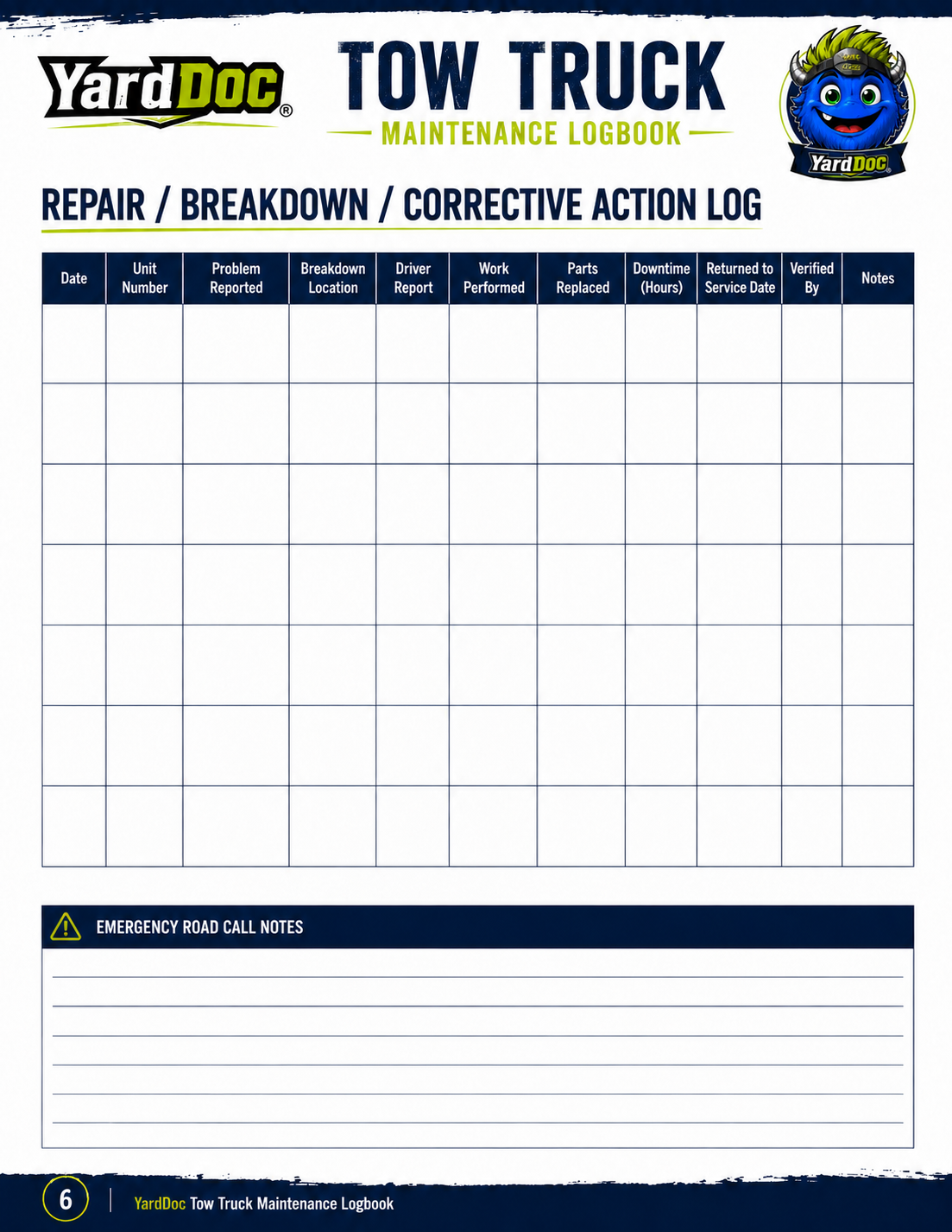 Tow Truck Maintenance Log - YardDoc