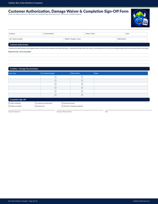 Customer Authorization, Damage Waiver & Completion Sign-off Form - YardDoc