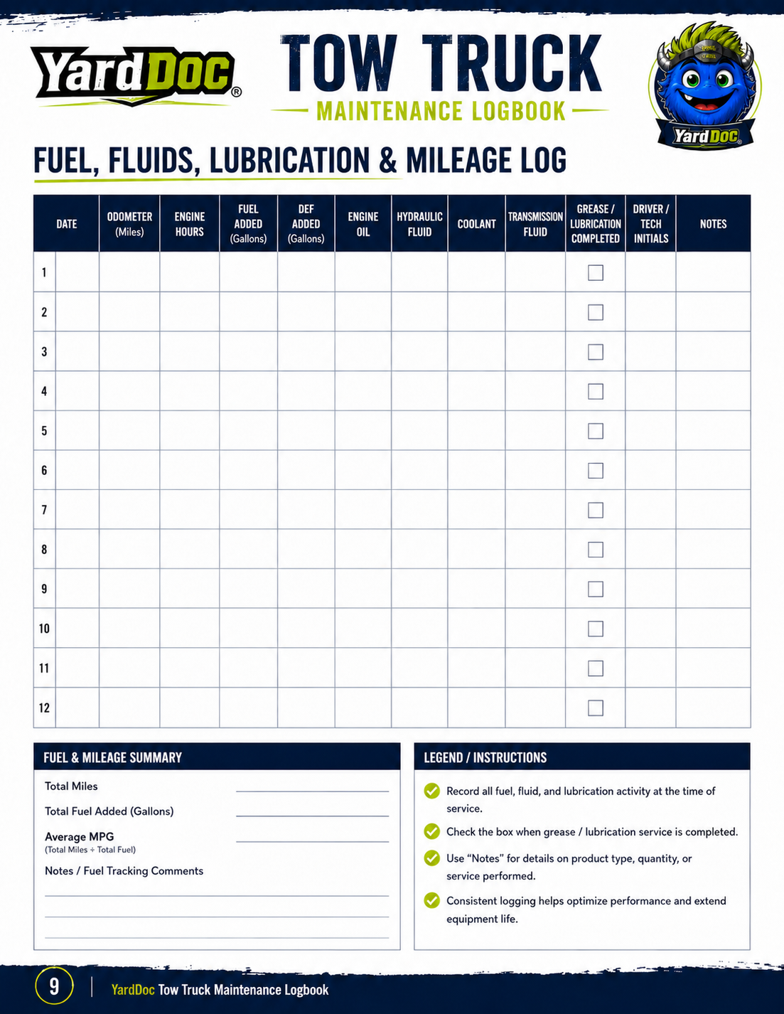 Tow Truck Maintenance Log - YardDoc