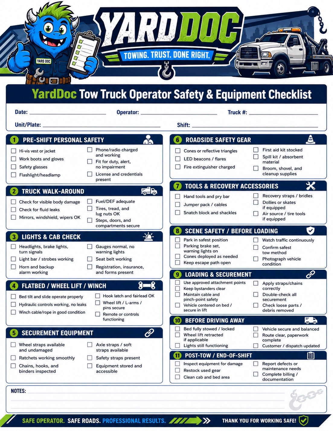 Tow Truck Operator Safety & Equipment Checklist - YardDoc